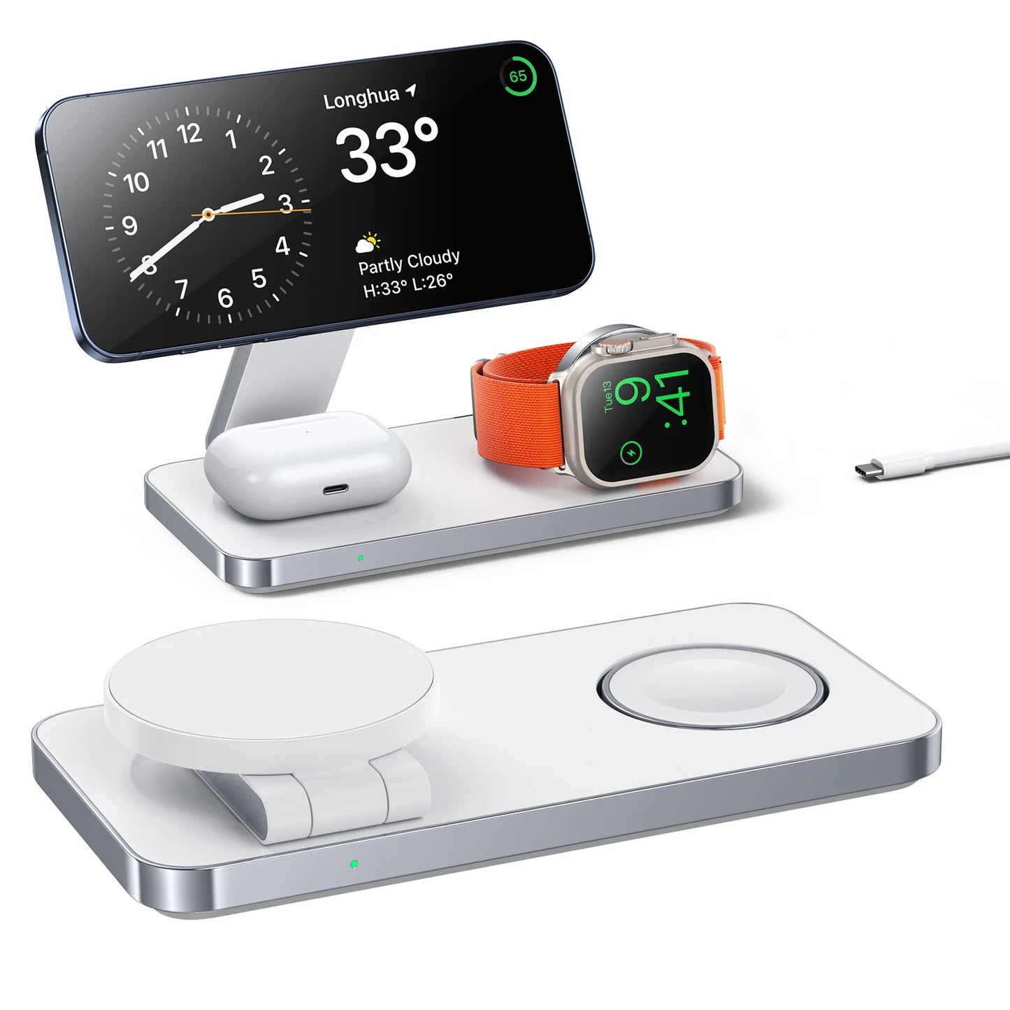 Multi-device charging stand with smartphone, smartwatch, and wireless earbuds on a white background