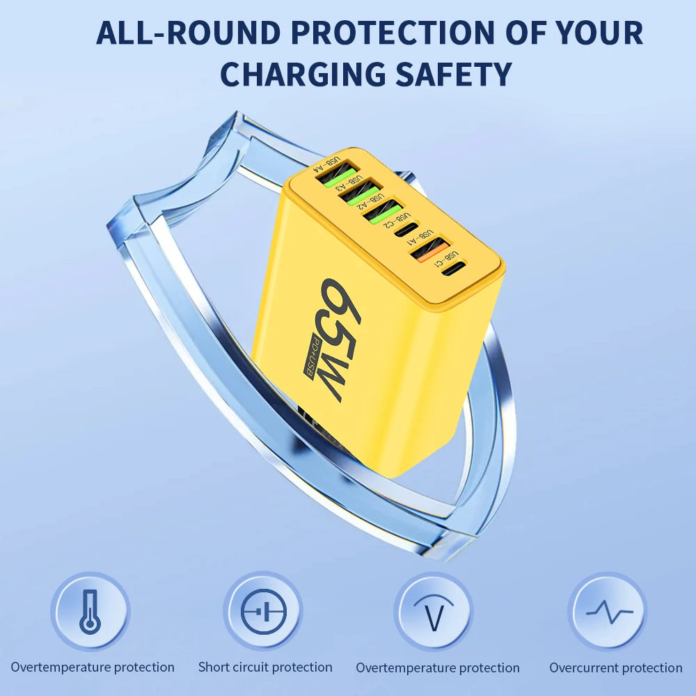 Yellow charging adapter with TSG logo on a blue background, featuring text about charging safety.