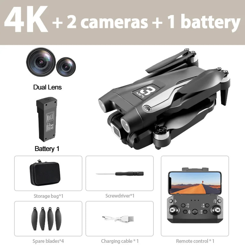 Product display with a drone, dual lens camera, battery, storage bag, screwdriver, spare blades, charging cable, and remote control on a beige background.