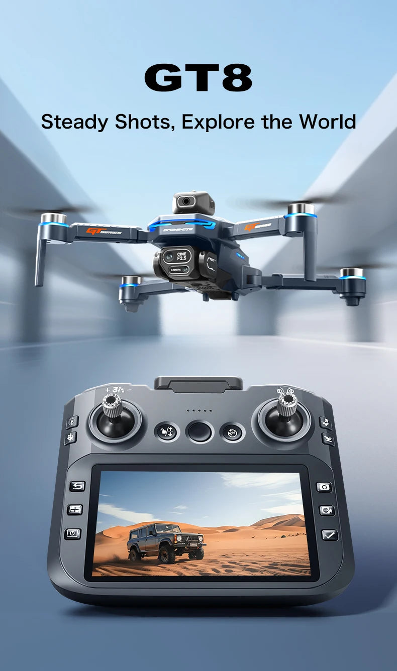 Drone with controller and 'GT8' branding on a blue background