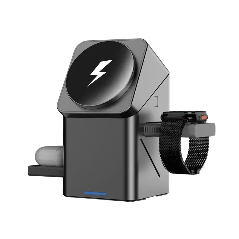 Black charging station with a smartwatch attached on a white background