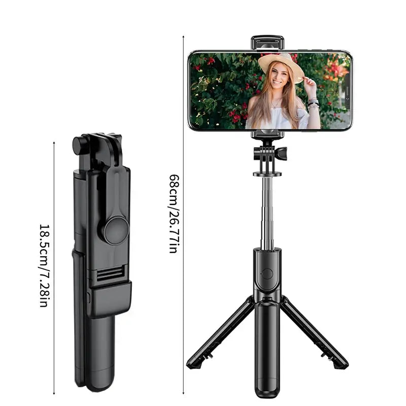 Wireless black selfie stick with smartphone holder and measurement details on a white background