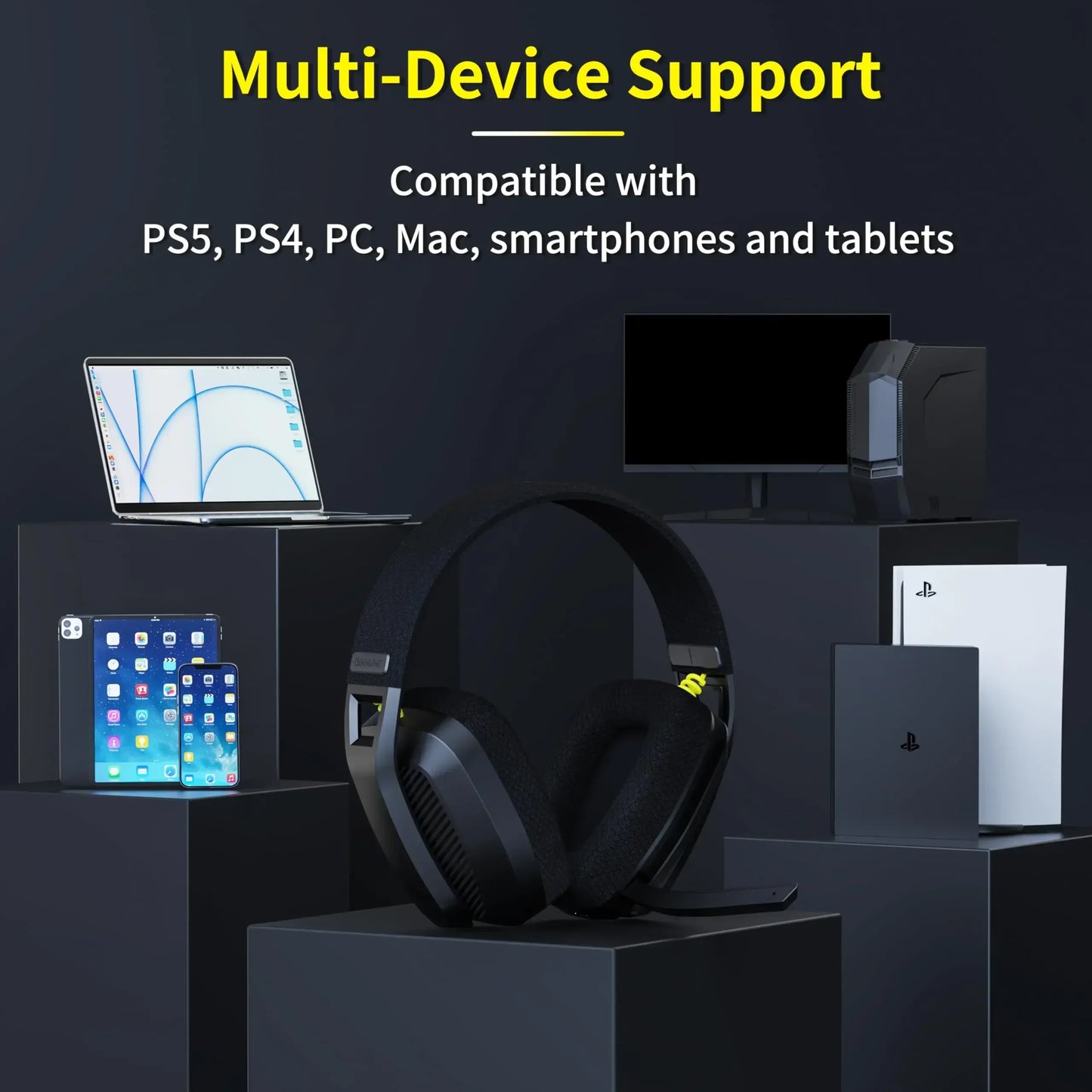 Black gaming headset on a dark background with electronic devices and text about multi-device support.