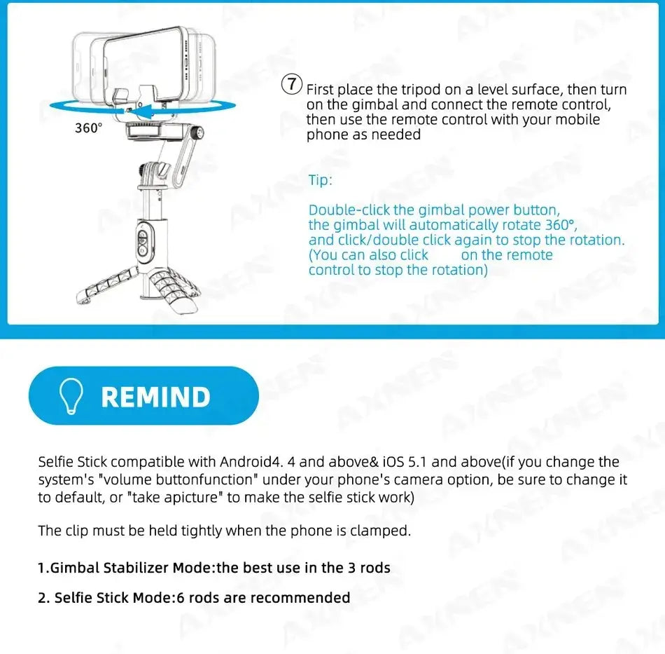 Instructions for using a gimbal stabilizer with a remote control on a white background