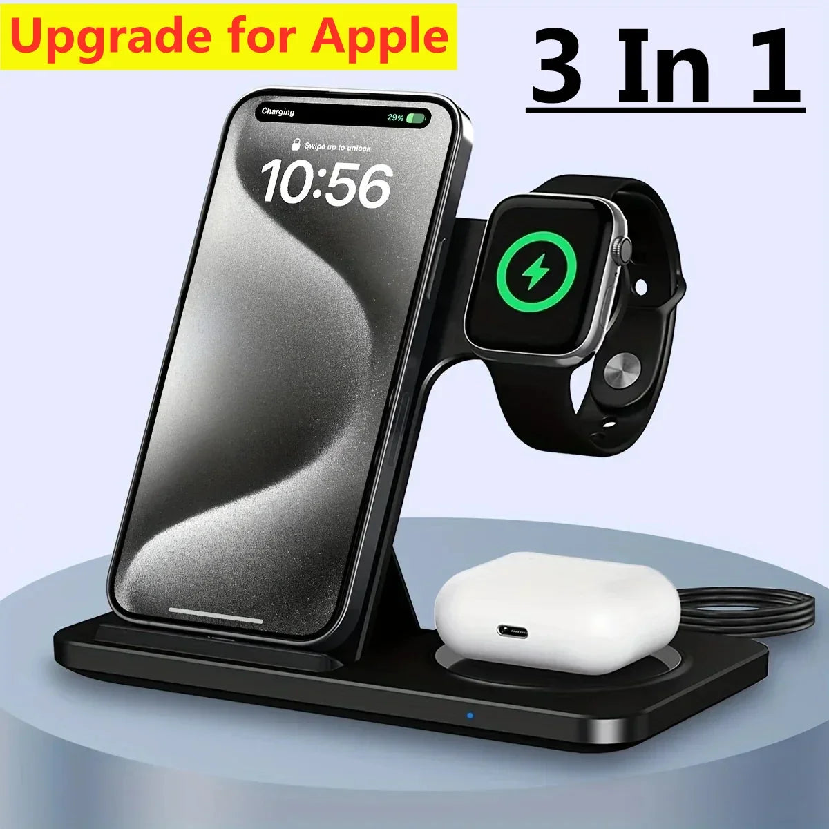 3-in-1 wireless charging station for Apple devices on a light blue background