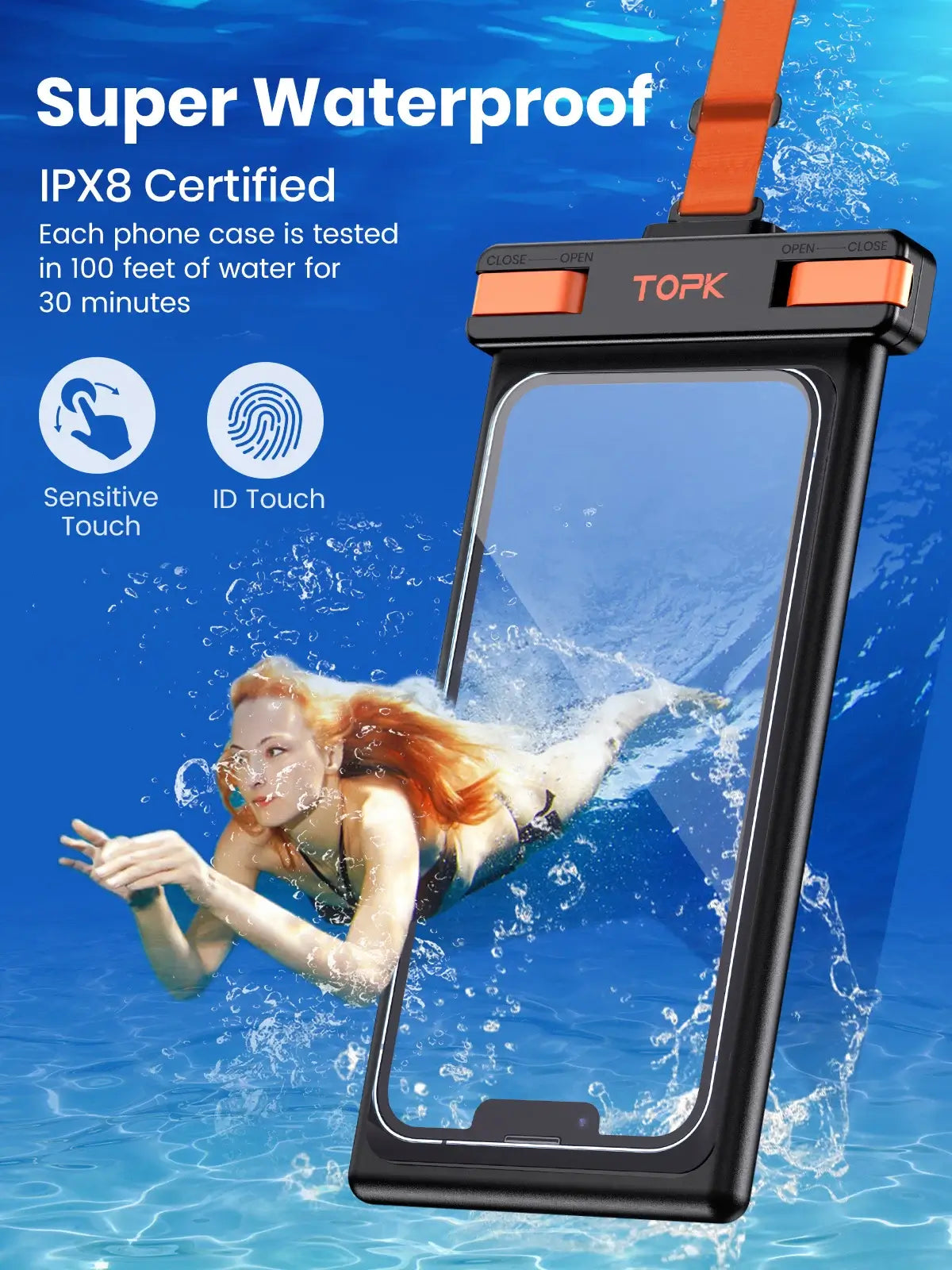 Super waterproof phone pouch with IPX8 certification on a blue water background