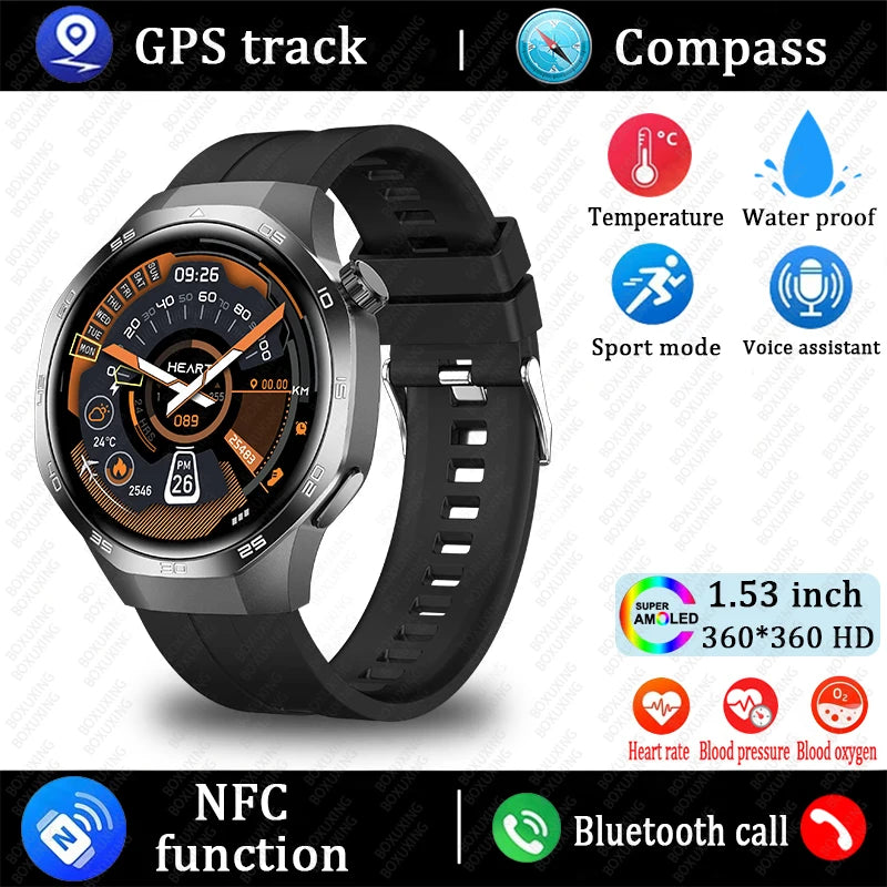 Smartwatch with features like GPS track, compass, temperature, waterproof, sport mode, voice assistant, NFC function, heart rate, blood pressure, and Bluetooth call on a white background.