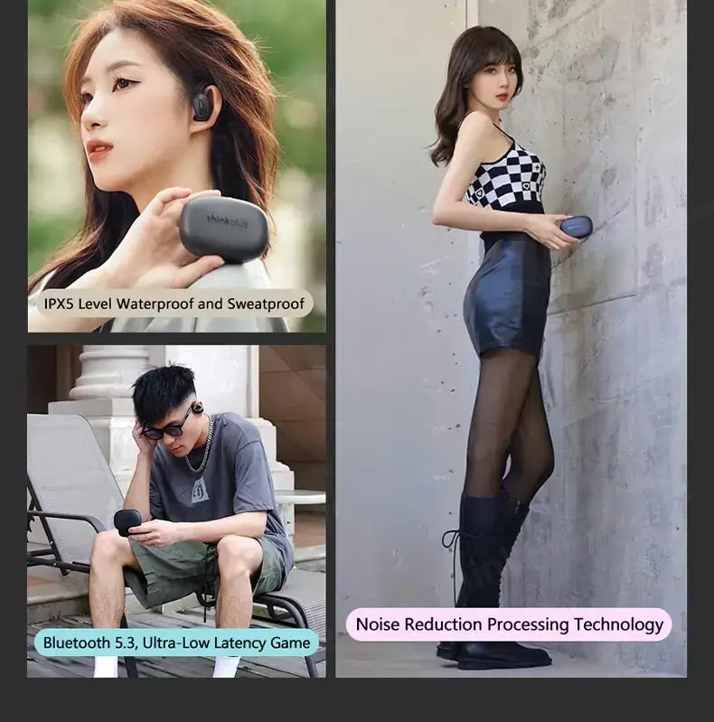 Collage of people using wireless earbuds with highlighted product features