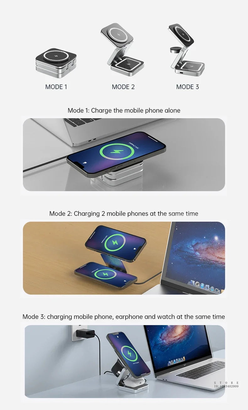 Multifunctional charging stand with different modes for charging devices.