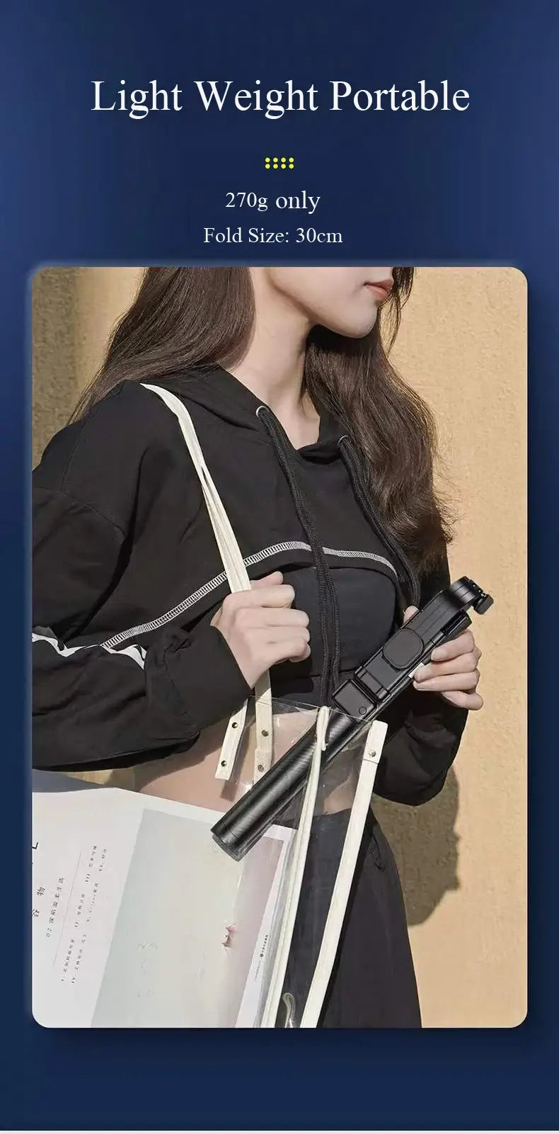 Woman holding a black portable device with text indicating weight and size.