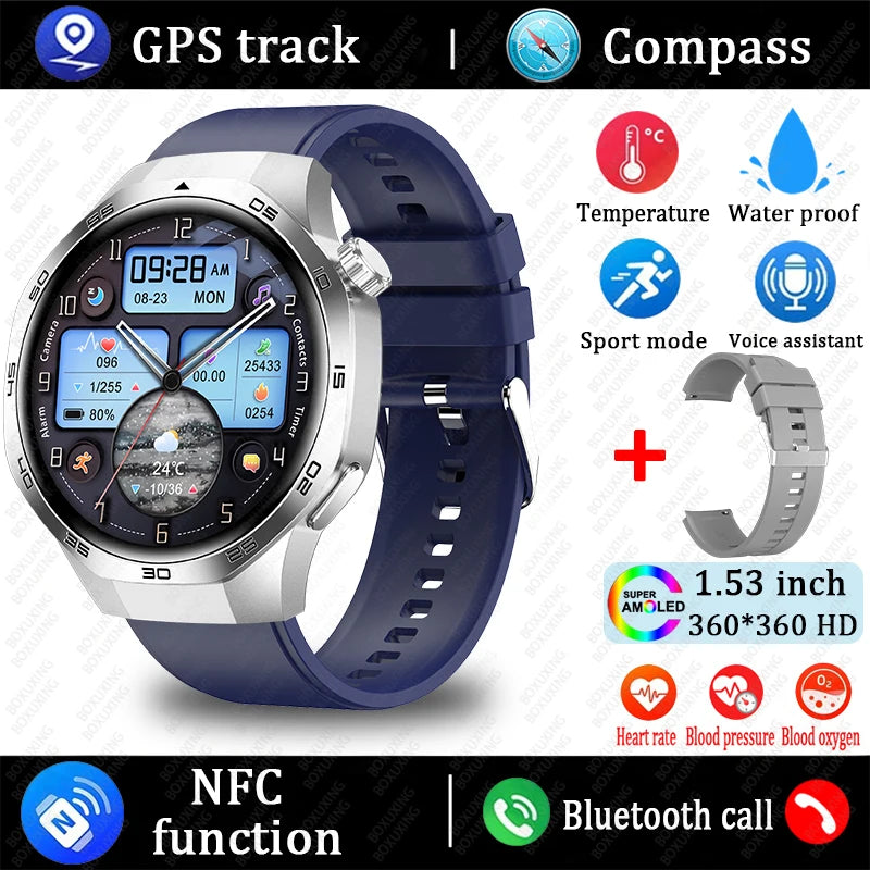 Smartwatch with blue band and features listed on a white background