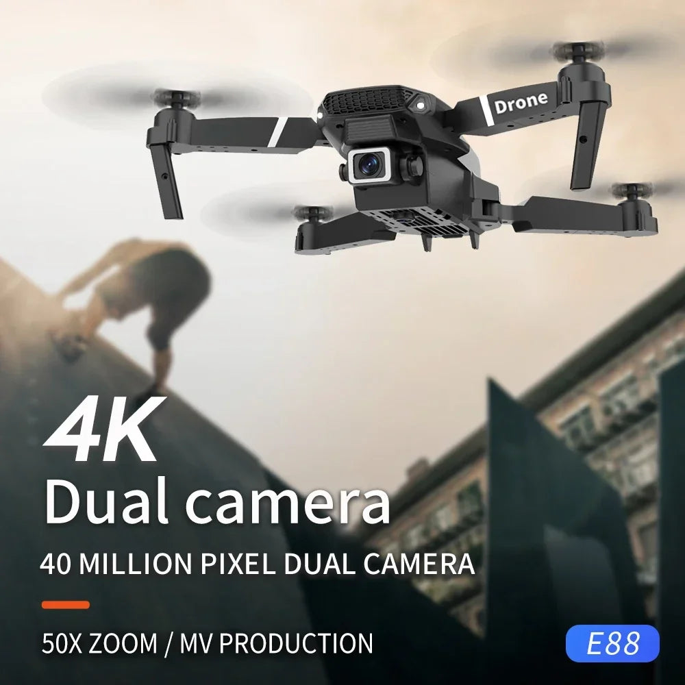 Black drone with 4K dual camera feature on a blurred cityscape background