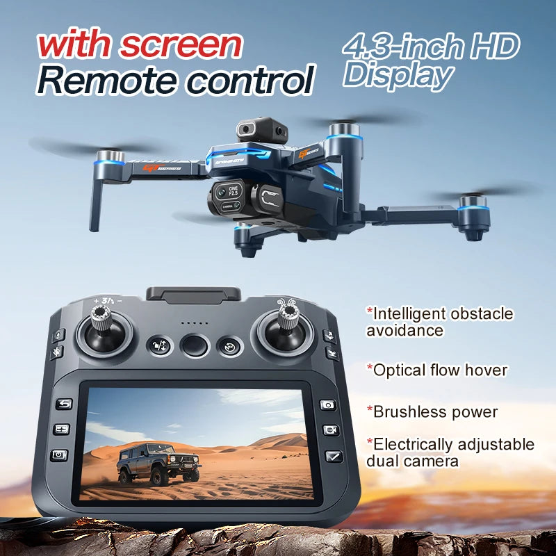 Drone with screen remote control and 4.3-inch HD display on a clear background