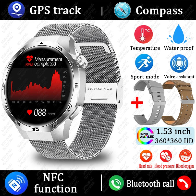 Smartwatch with features like GPS track, compass, temperature measurement, waterproof rating, and various functions displayed on a black background.