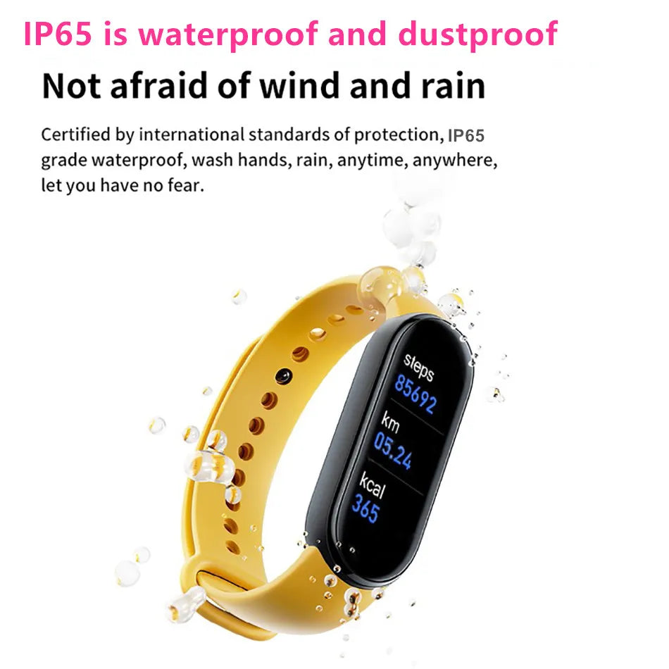 Smartwatch with yellow band shown being splashed by water, with text about its waterproof rating.