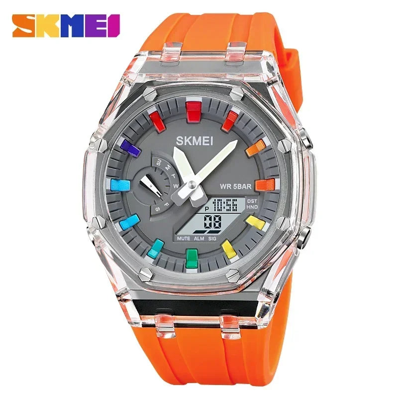 A digital wristwatch with an orange silicone band and a multicolored Bezel, displaying a digital dial.