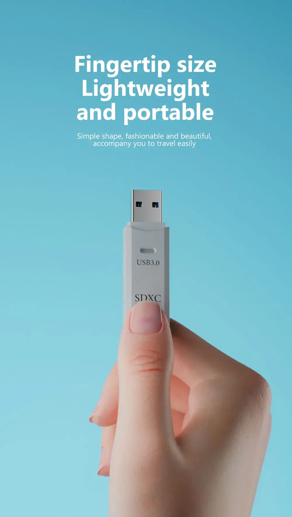 USB drive held between thumb and forefinger against a blue background with text about size and portability