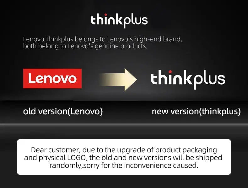 Comparison of Lenovo and Thinkplus branding on a black background with text about product packaging changes
