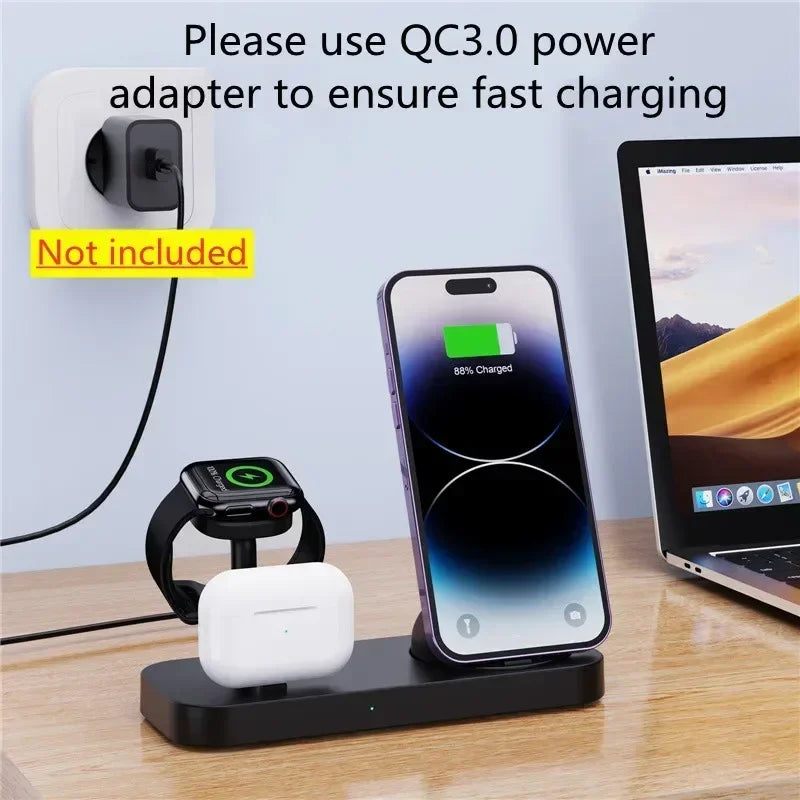 Multi-device charging station with smartphone, smartwatch, and wireless earbuds on a desk with text about QC3.0 power adapter.