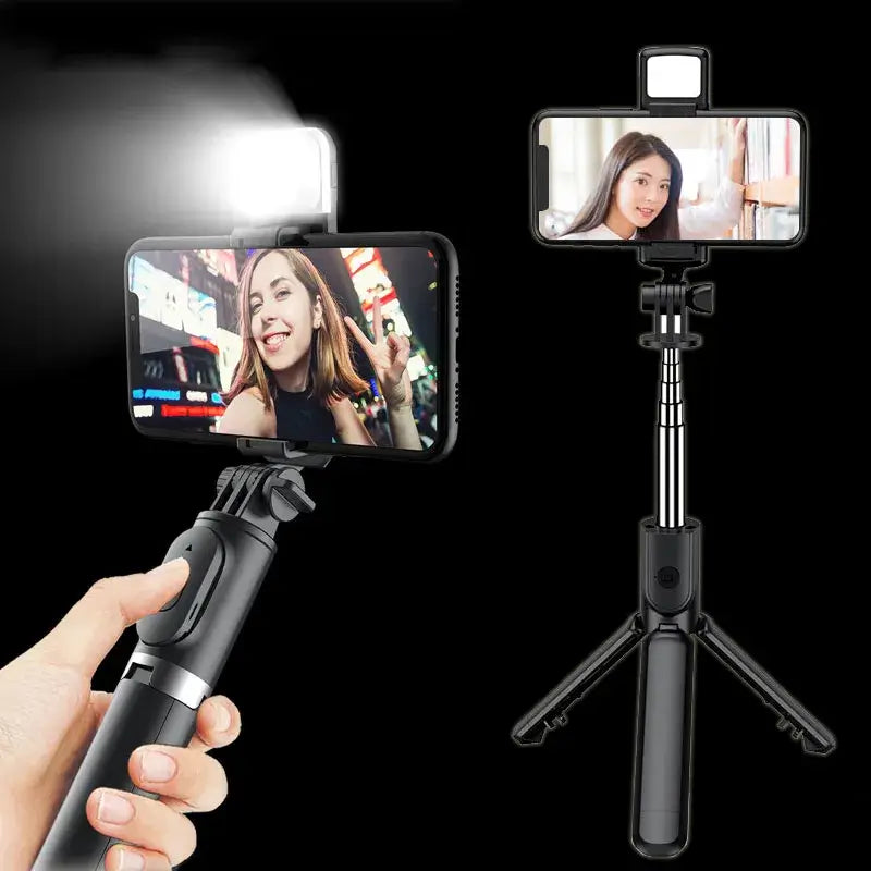 Handheld selfie stick with smartphone holder showing a video call on screen