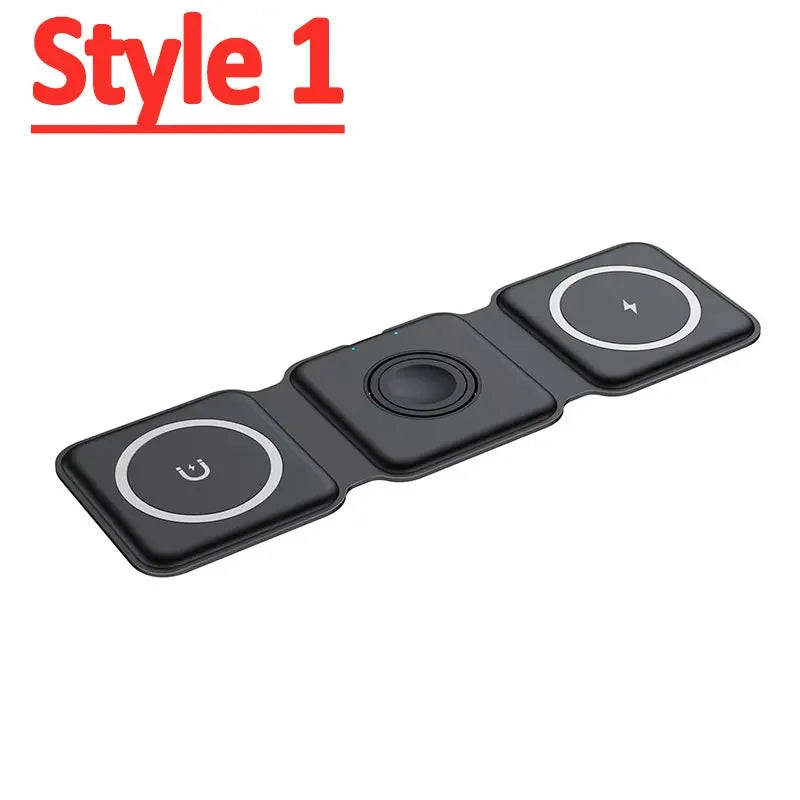 Black wireless charging pad with three circular pads on a white background, labeled 'Style 1'.