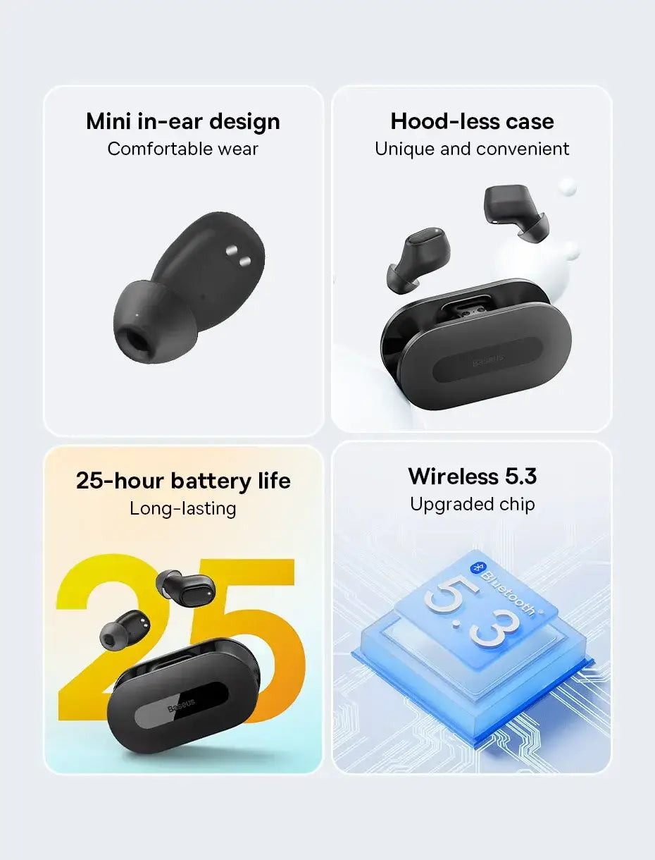 Wireless earbuds with features listed on a light gray background