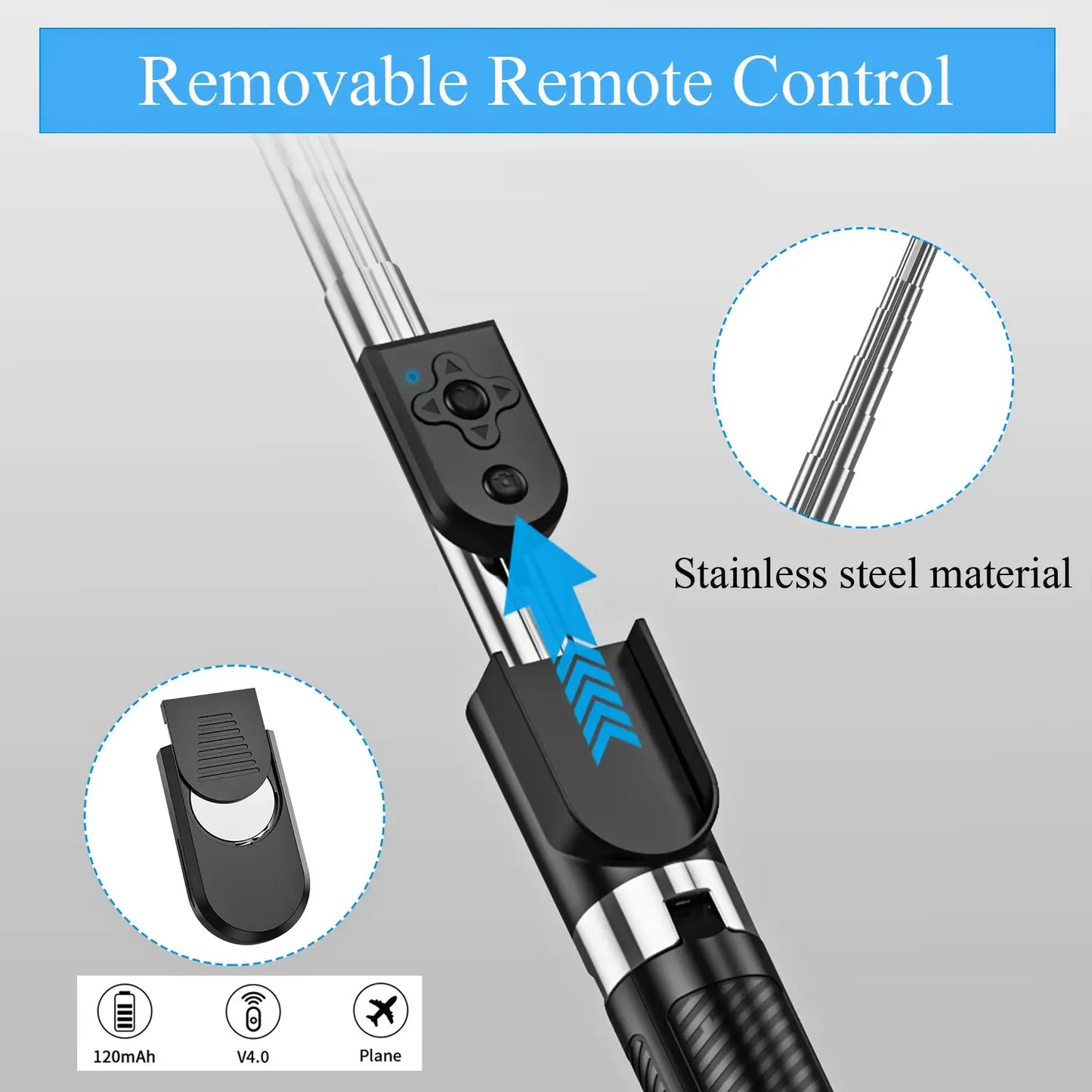 Detachable Bluetooth remote control with durable stainless steel construction for long-lasting use
