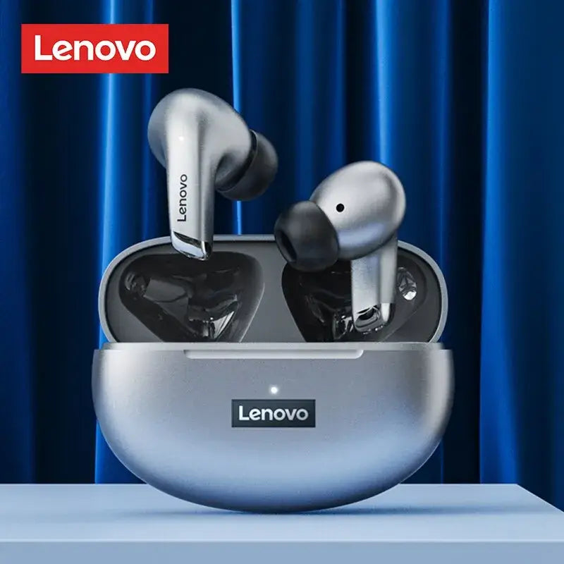 Lenovo wireless earbuds in a charging case with Lenovo logo on a blue curtain background