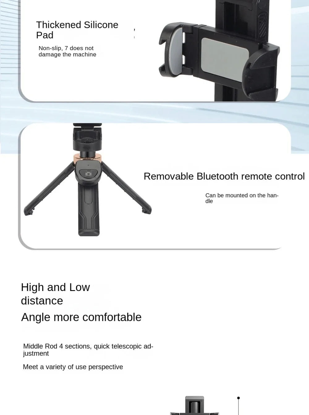 Phone holder with tripod and remote control features on a white background