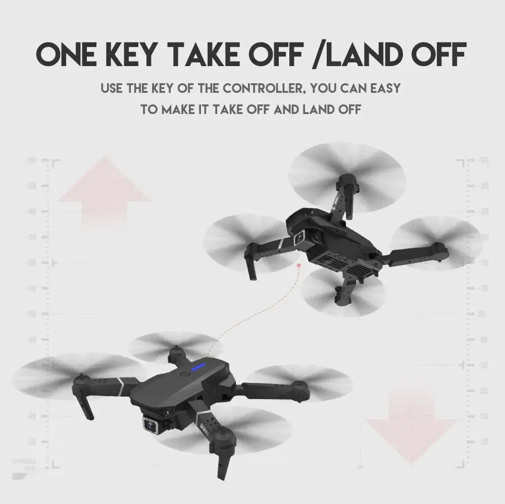 E88 Pro black drone with text highlighting one-key takeoff/landing feature on a light gray background