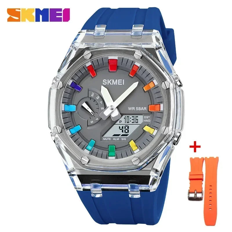 SKMEI men’s analog-digital watch with transparent case, blue silicone strap, colorful dial markers, and extra orange replacement strap