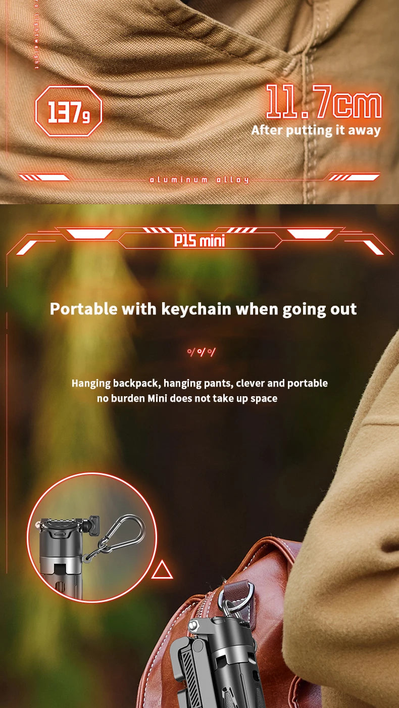 Product details of a compact device with keychain attachment, shown in use on a backpack.