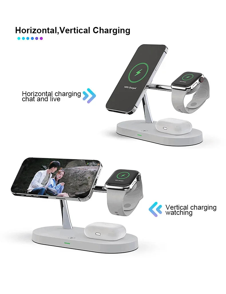 Multi-device charging stand with smartphone, tablet, and smartwatch on a white background