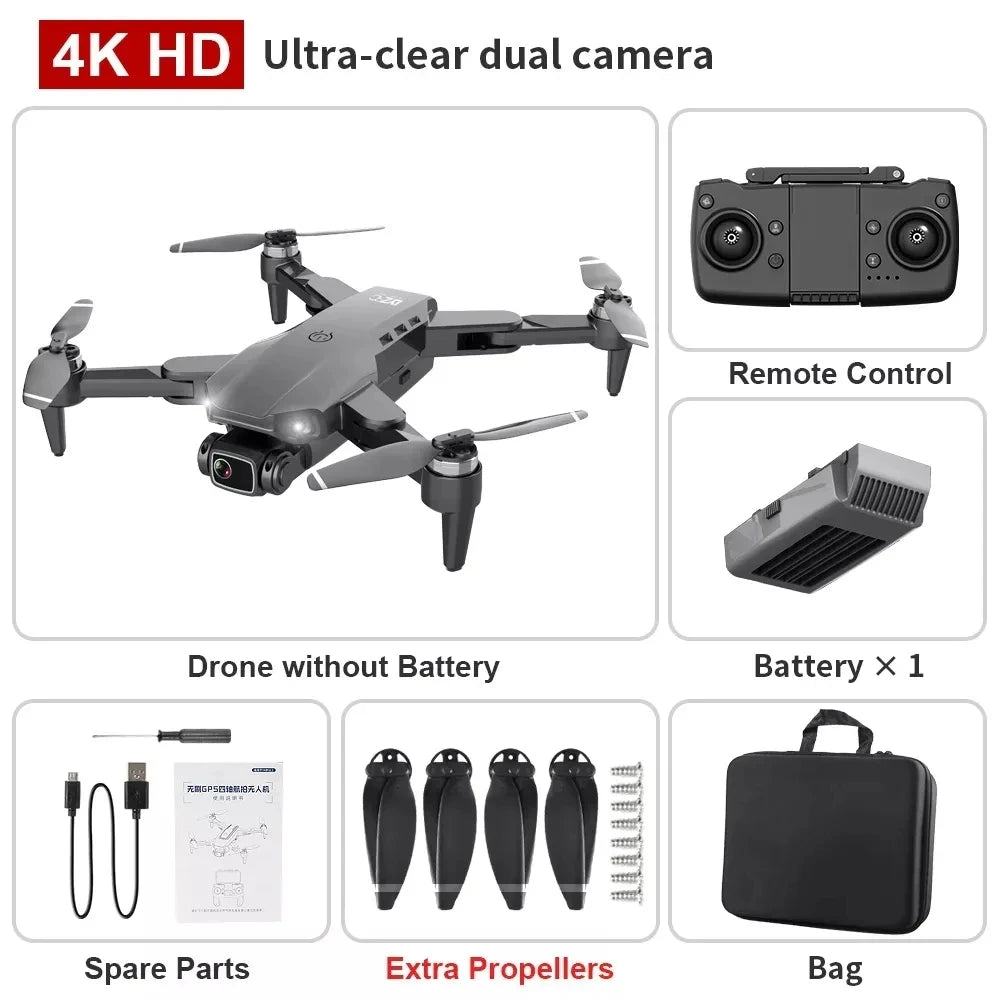Drone with remote control, battery, case, propellers, and accessories on a white background.