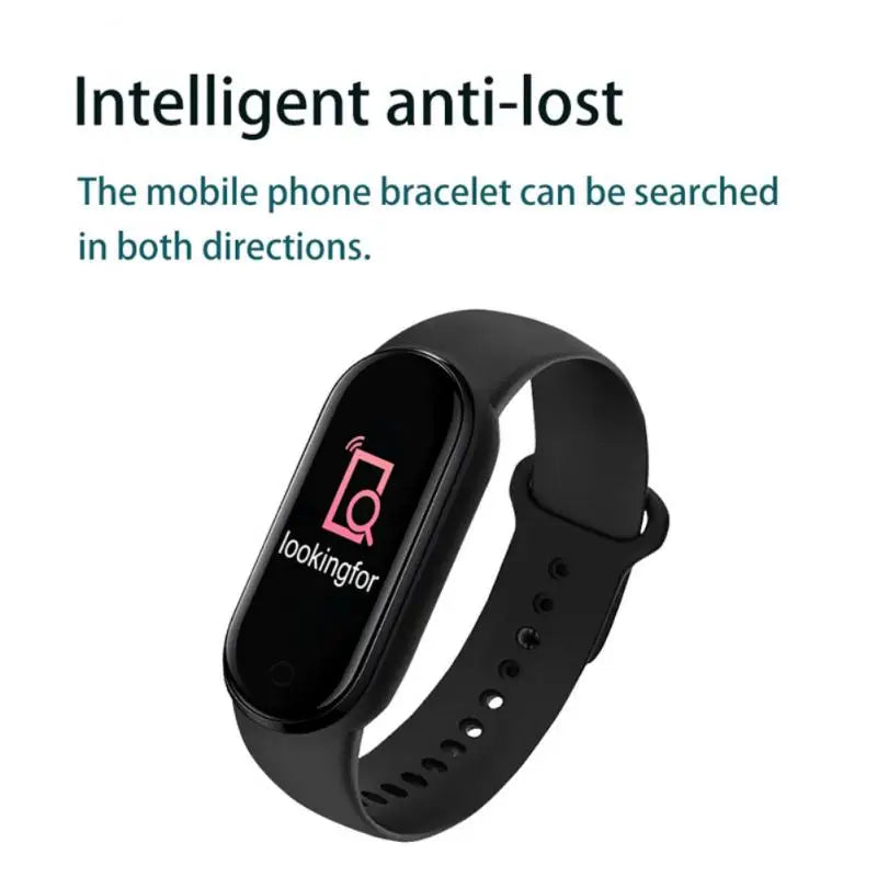 Black smartwatch with a screen displaying 'looking for' on a white background, labeled as an intelligent anti-lost device.