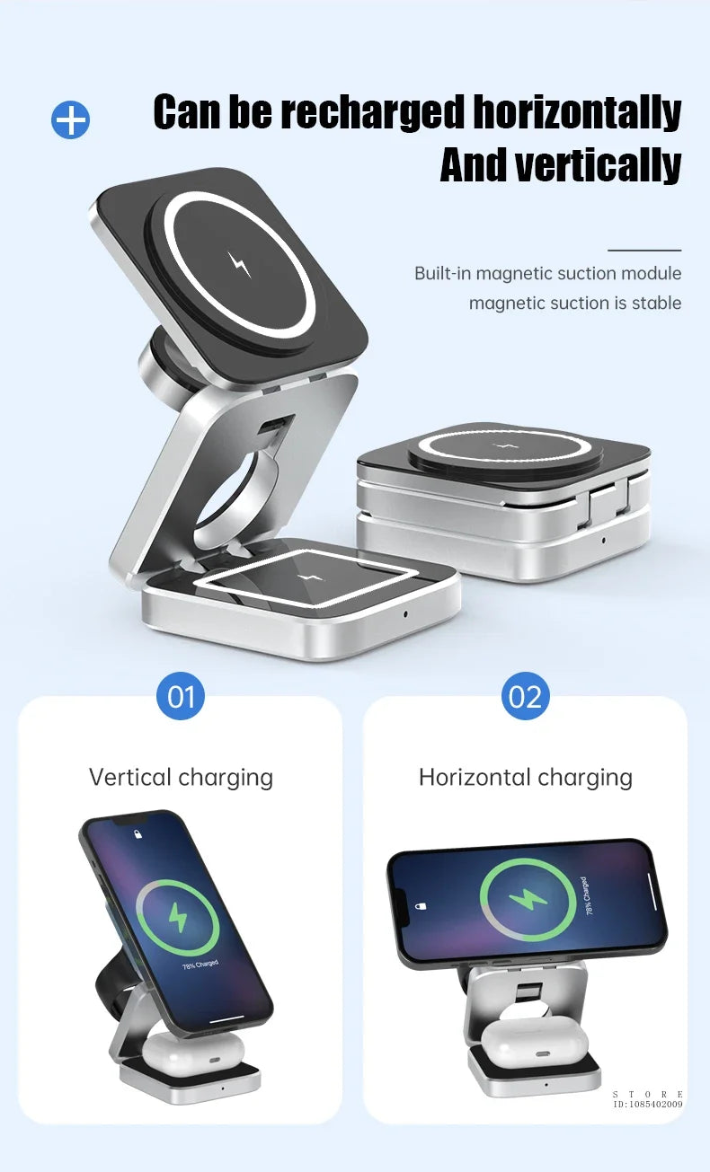 Wireless charging stand with vertical and horizontal charging capabilities on a light blue background.