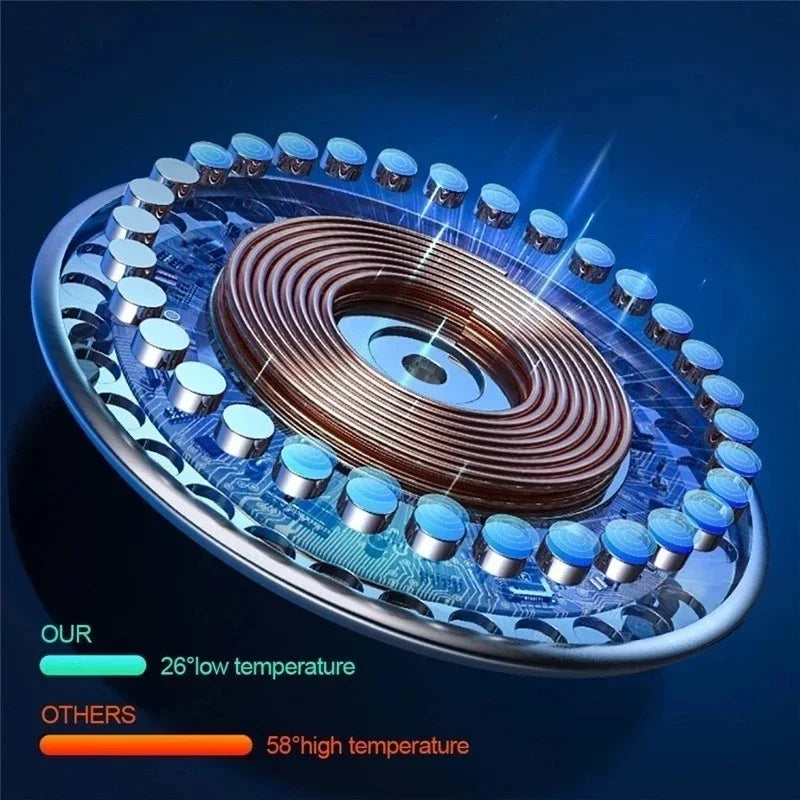 Magnetic wireless charger coil design showing low temperature 26°C cooling compared to 58°C heat in others.