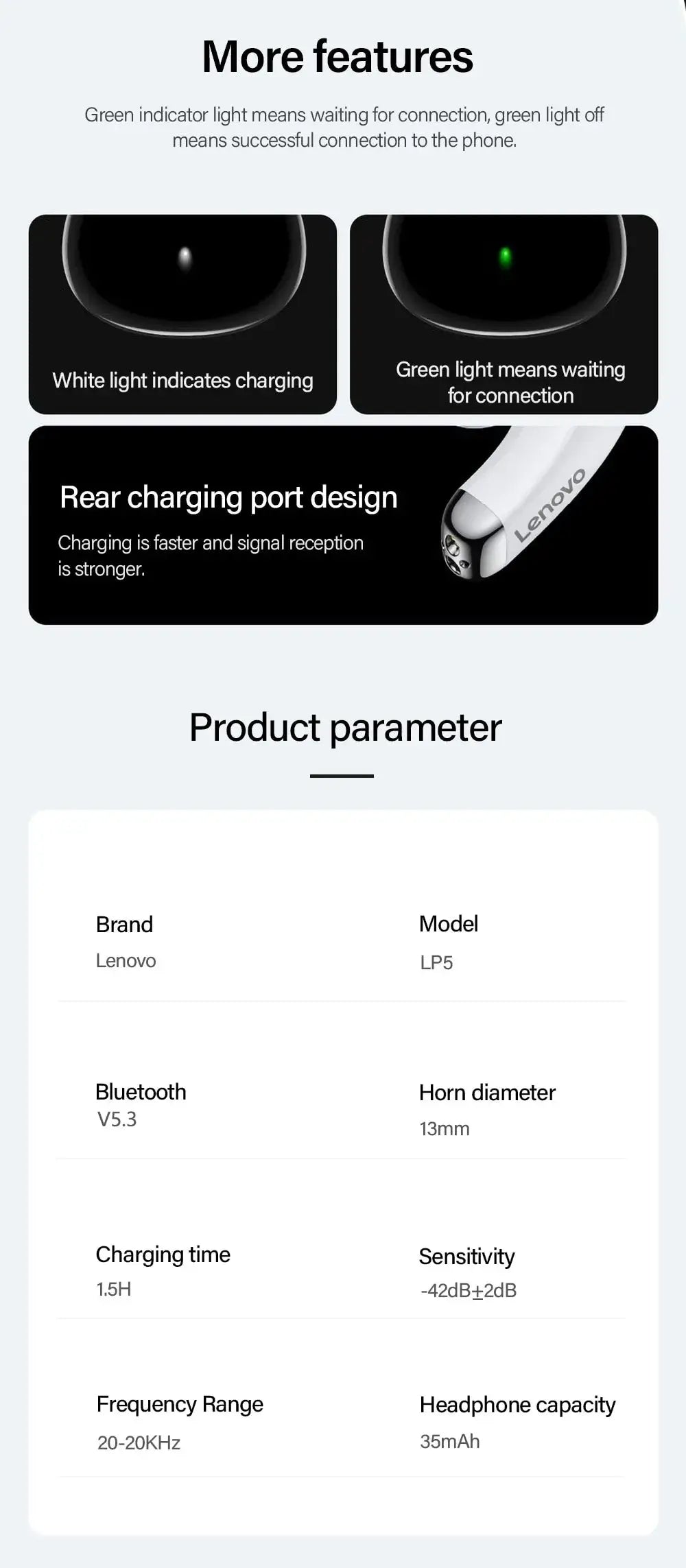 Product feature and parameter display with text and icons on a white background