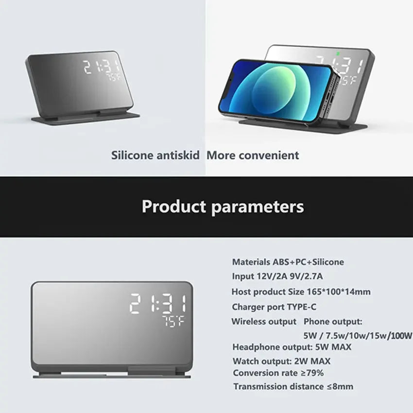 Product display with a smartphone stand and mirror clock, featuring silicone antiskid feature.