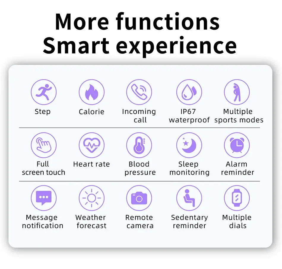 LIGE 2024 Smartwatch feature list including step tracking, heart rate, sleep monitoring, blood pressure, notifications, sports modes, and more on