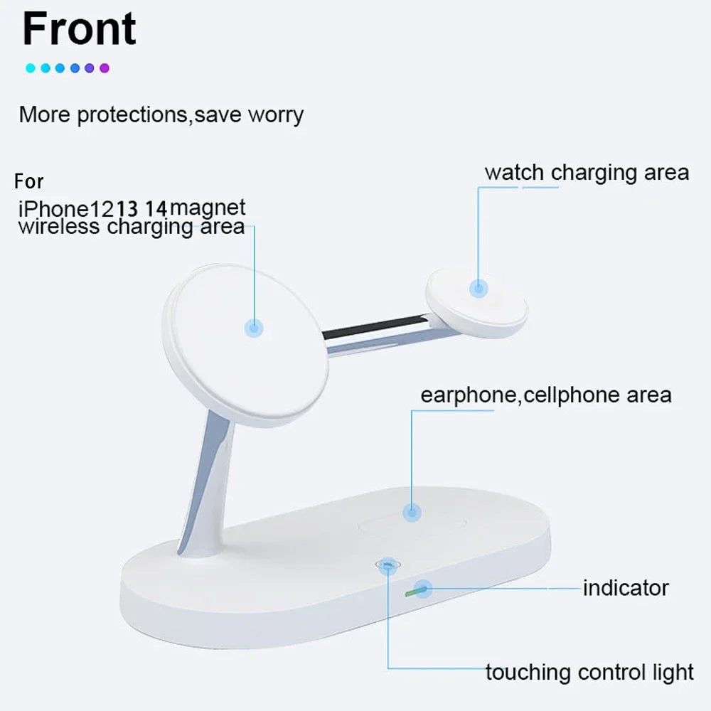 Diagram of a white charging stand with labeled features on a white background
