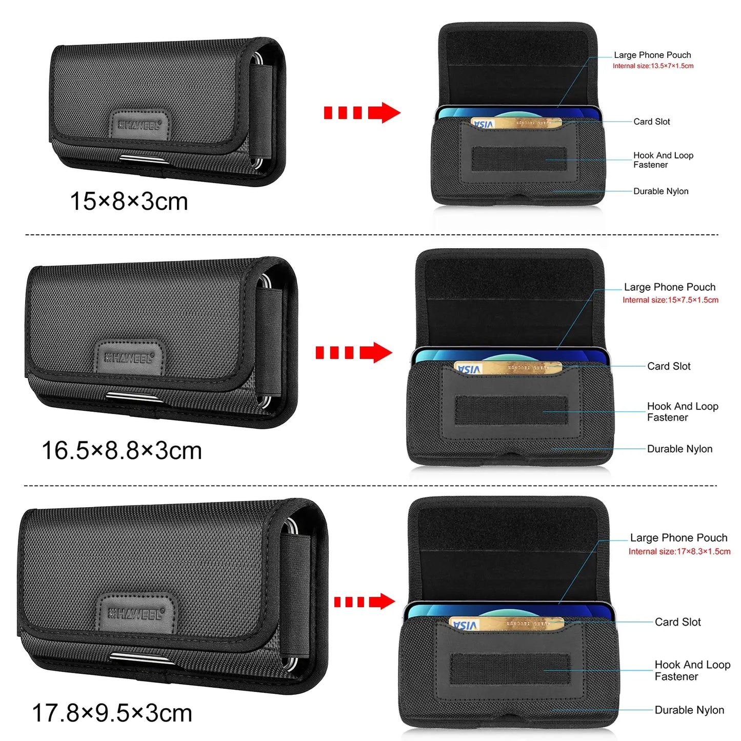 Black phone pouches in various sizes with labeled features and dimensions