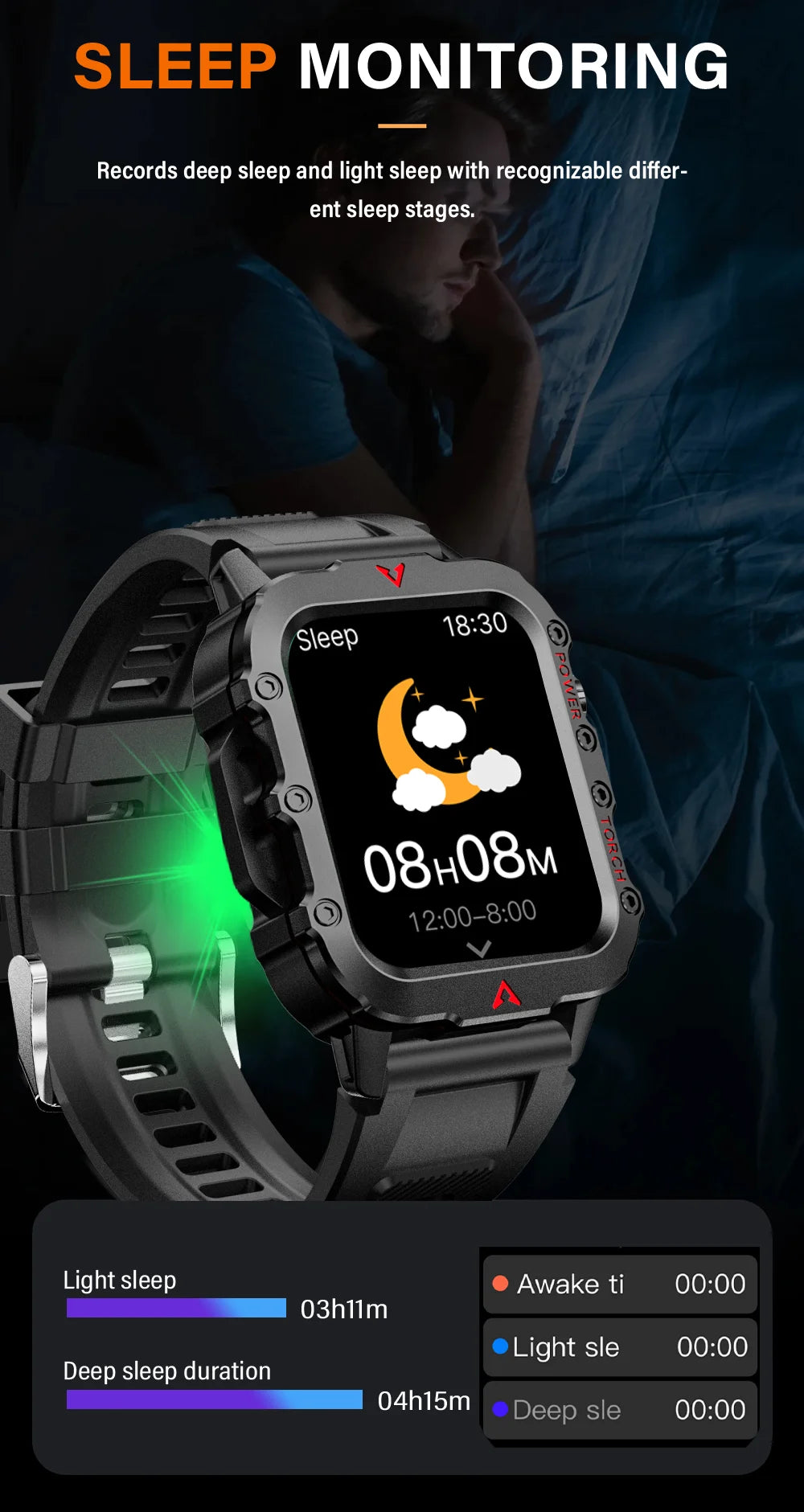 Smartwatch displaying sleep monitoring features with a dark background
