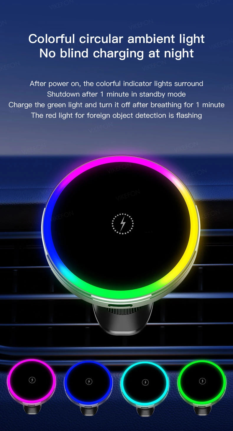 Colorful circular ambient light device with charging indicators on a dark background