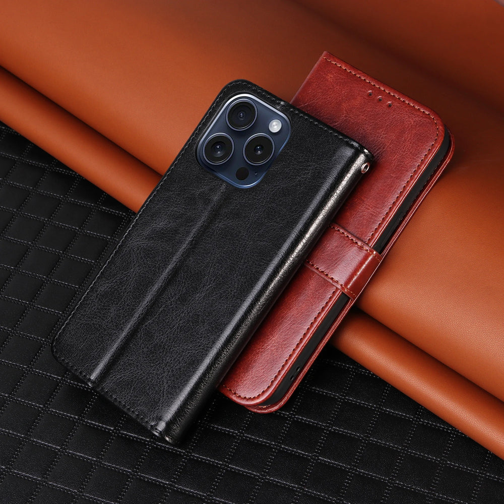 Black and brown phone cases on a textured surface