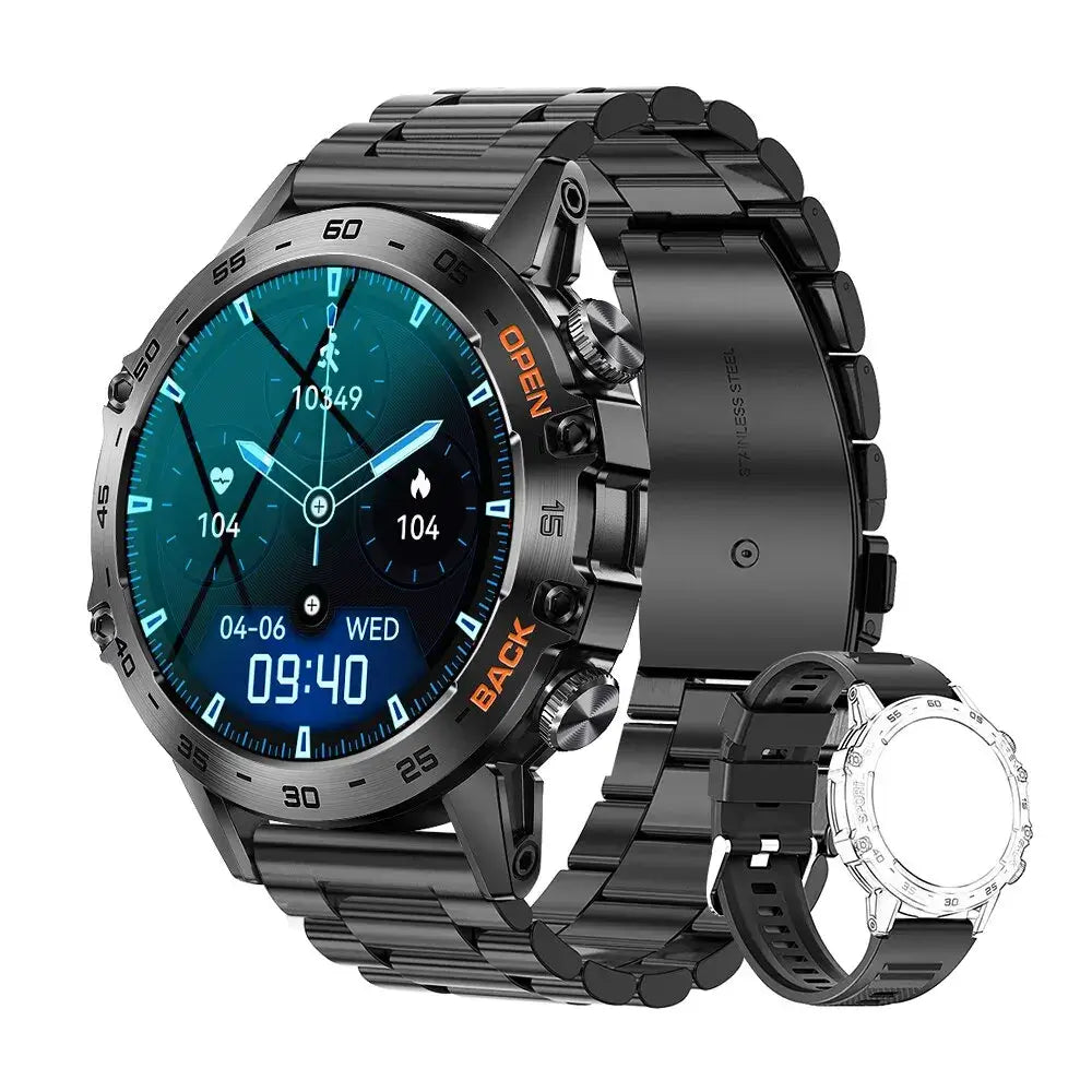 Melanda Smartwatch with black metal band and extra white strap on white background