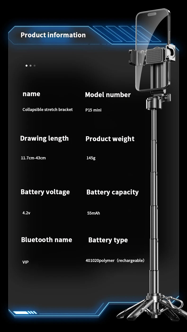 Collapsible stretch bracket with product information displayed on a black background