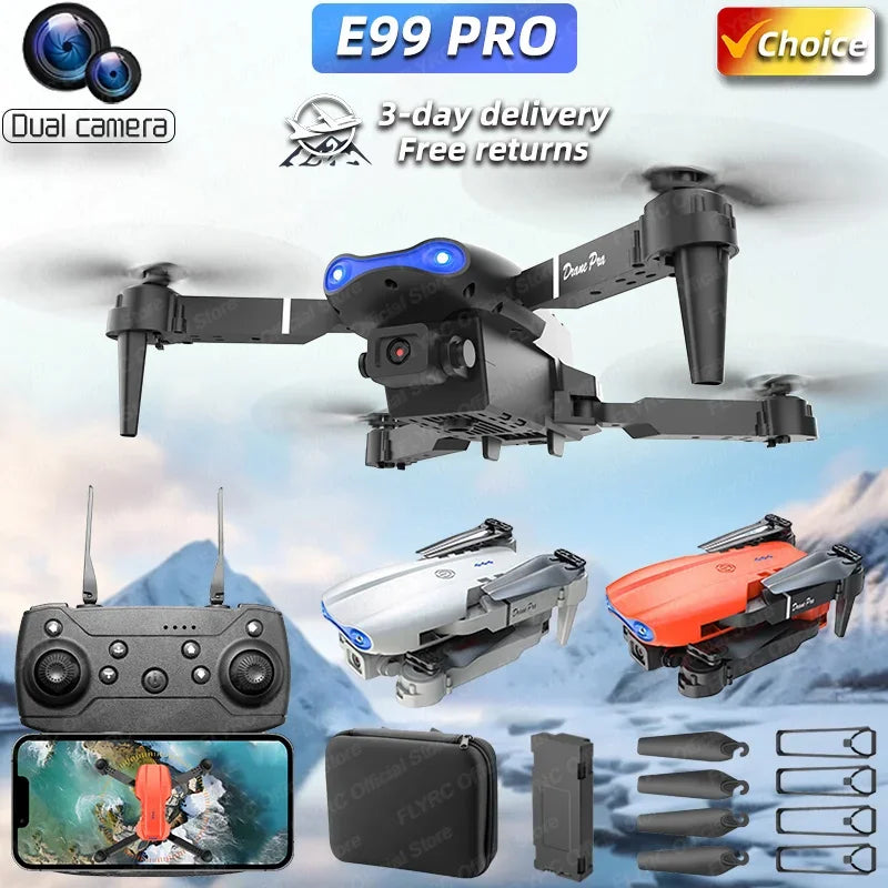 E99 Pro drone with accessories on a mountain background