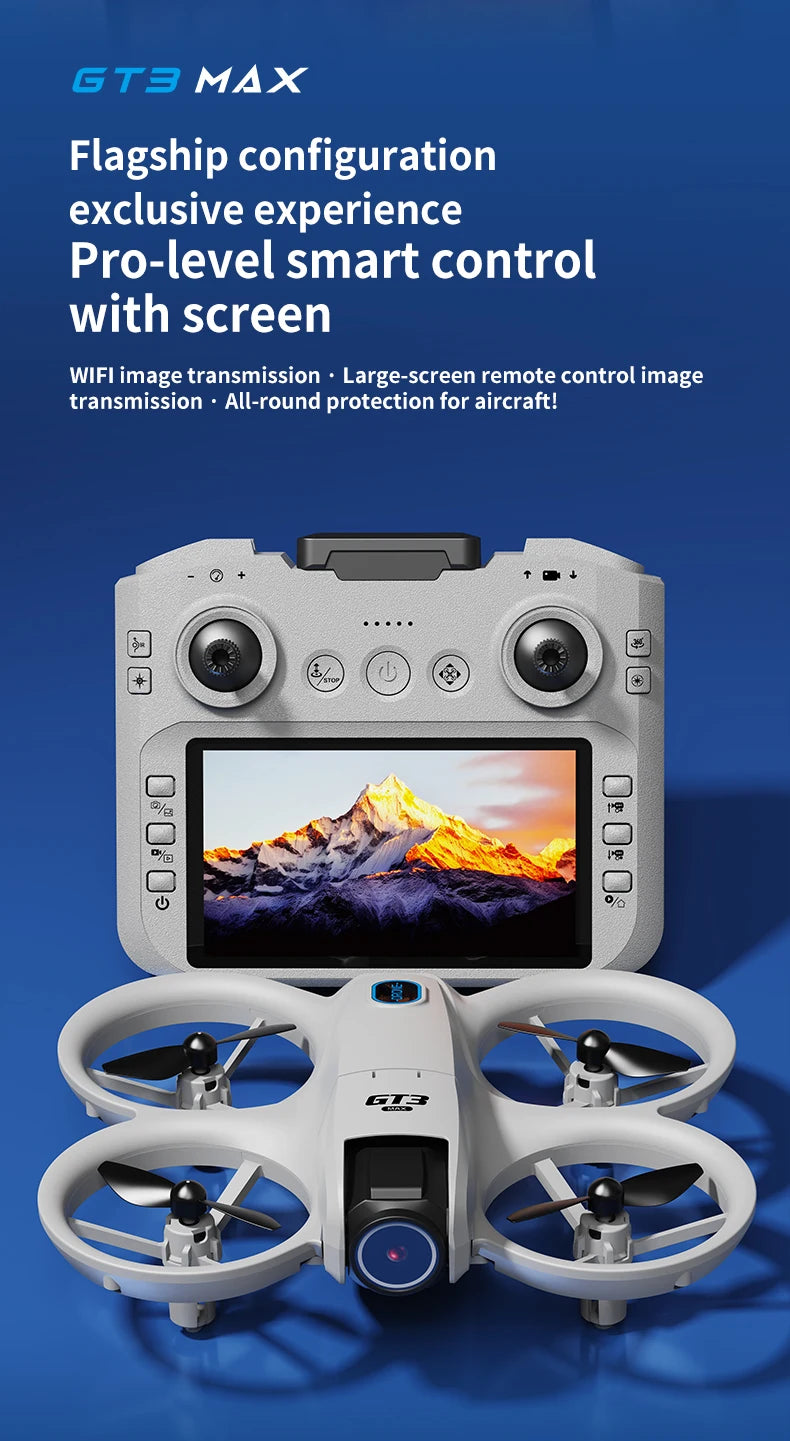 White drone with screen on a blue background, featuring text about GT3 MAX drone's features.