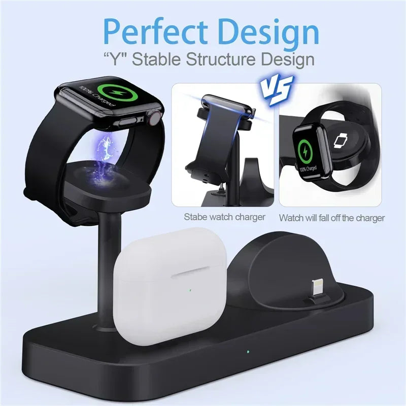 Black multi-device charging stand with smartwatch, phone, and wireless earbuds on a light blue background.